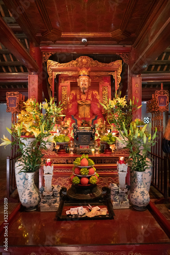 Interior altar of the Temple of Literature in Hanoi, Vietnam, featuring Chinese philosopher Confucius.