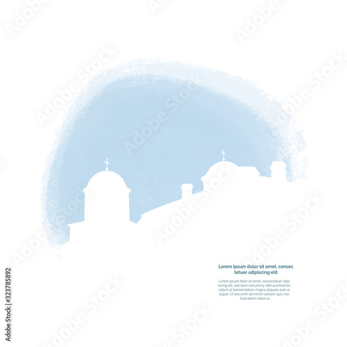 Christian monastery silhouettes in light blue colors on white background