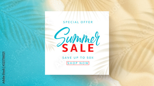 Summer sale web banner template. Top view on sea beach with soft waves. Vector illustration with plant's shadows. Seasonal discount offer.
