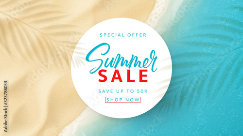 Summer sale web banner. Top view on sea beach with soft waves. Vector illustration with plant's shadows. Seasonal discount offer.