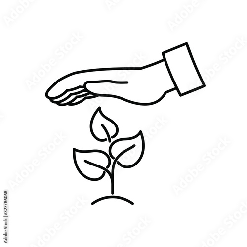 hand protecting the sprout, line icon.