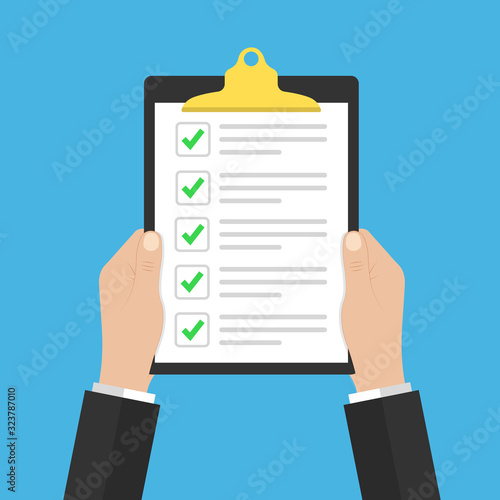 in hand checklist or document with green checkmarks. Application form, completed tasks, to-do list, survey concepts.