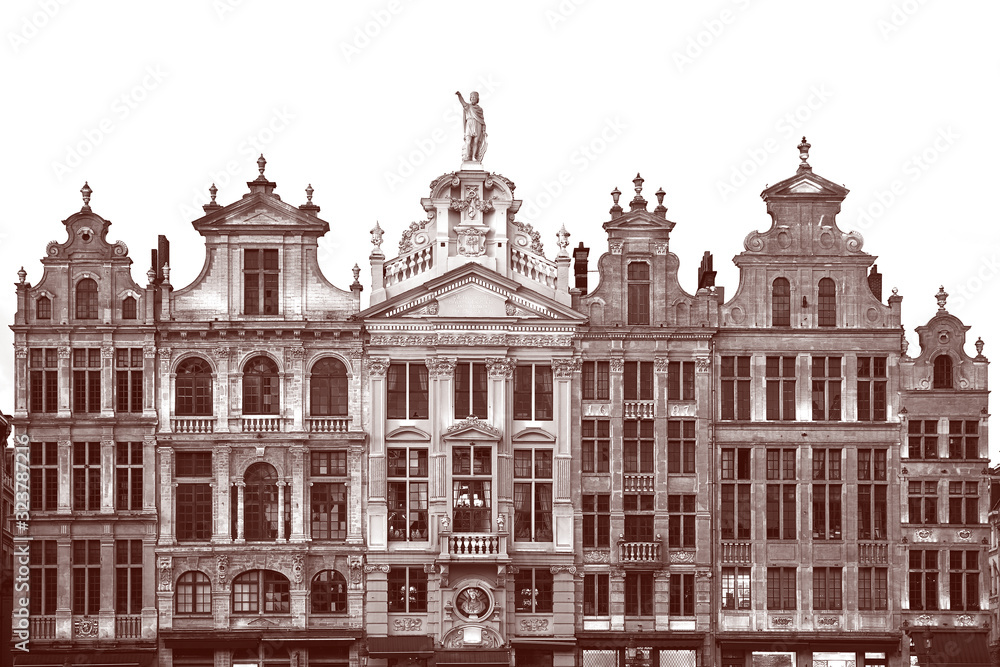 Brussels Grand Place. North-east part. Sunset evening view of row of old beautiful stone buildings between Rue de la Colline Bergstraat and Rue des Harengs Haringstraat in black and white chocolate