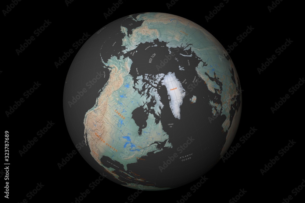 Obraz premium globe with cartographic grid and terrain relief on black background