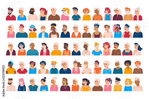 Vector colorful set on the theme of people. Cartoon male ana female avatars. Portraits of young and old women and men. Characters for use in design