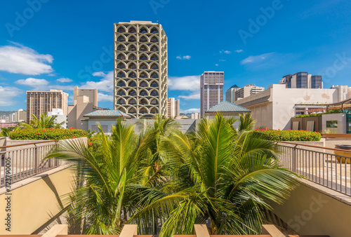 Palm trees and building tops in Honolulu, Hawaii, USA. Tropical city vacation background. © karamysh