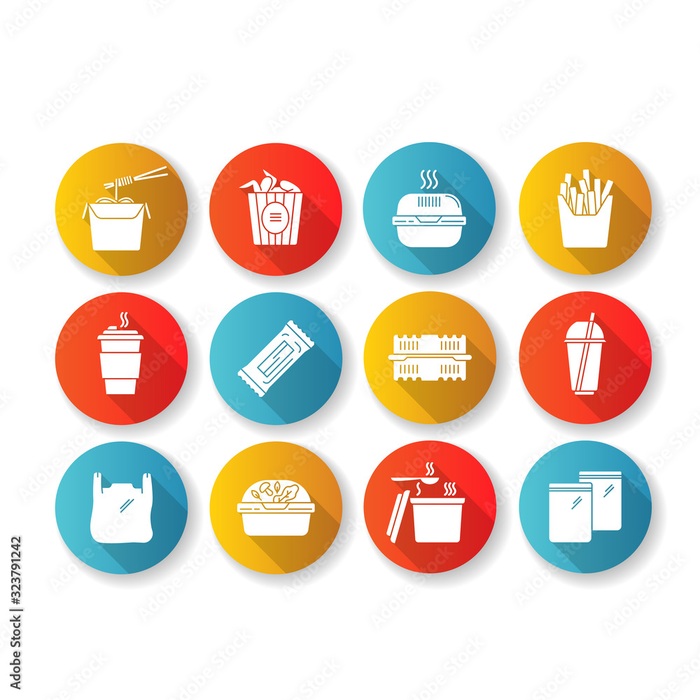 Takeaway food packages flat design long shadow glyph icons set. Take out meal containers, boxes for delivery. Noodles, bucket of chicken wings, french fries. Silhouette RGB color illustrations Takeaway food packages flat design long shadow glyph icons set. Take out meal containers, boxes for delivery. Noodles, bucket of chicken wings, french fries. Silhouette RGB color illustrations