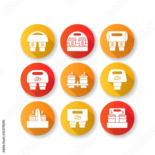 Paper cup holders flat design long shadow glyph icons set. Coffee to go packages. Take away hot caffeine drinks. Takeaway cardboard carriers for cups. Silhouette RGB color illustrations