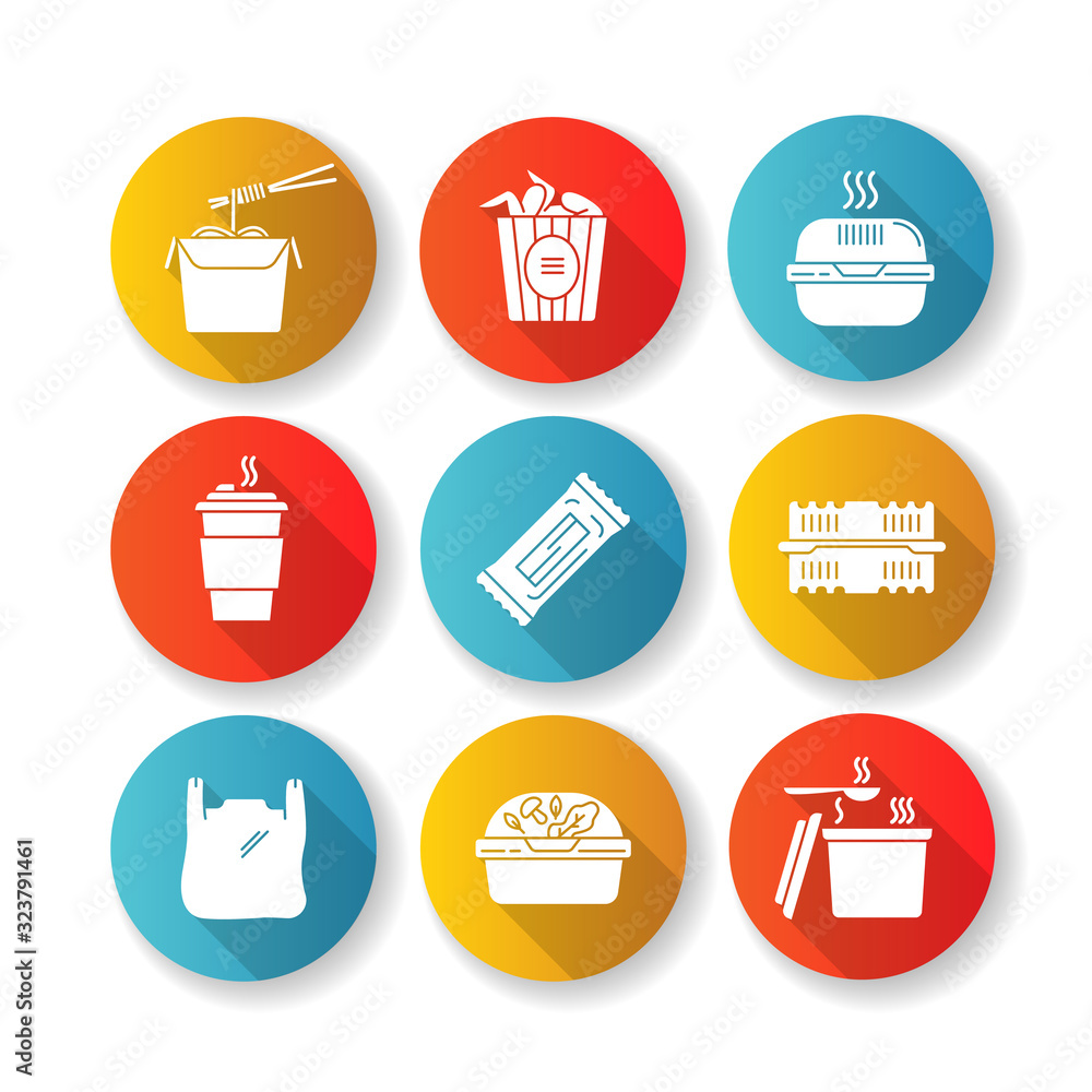 Takeout packages flat design long shadow glyph icons set. Plastic bag with handles, container with lid for salad, zip packet, hot food takeaway package. Silhouette RGB color illustrations Takeout packages flat design long shadow glyph icons set. Plastic bag with handles, container with lid for salad, zip packet, hot food takeaway package. Silhouette RGB color illustrations