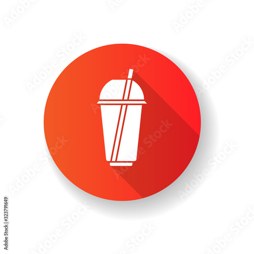 Disposable plastic cup red flat design long shadow glyph icon. Transparent mug for cold drink, soda, juice with dome lid and straw. Beverage container. Silhouette RGB color illustration