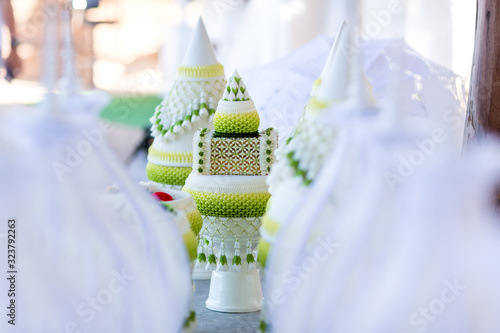 Engagement bowl for Thai engagement ceremony. bride price set, made from banana leaf and garland in thai wedding ceremony for contain wedding ring and flower, KHAN MAAK.  photo