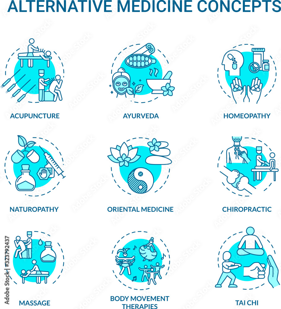 Alternative medicine concept icons set. Complementary therapies idea