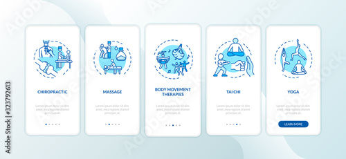 Sensory medicine onboarding mobile app page screen with concepts. Body movement therapies walkthrough five steps graphic instructions. UI vector template with RGB color illustrations