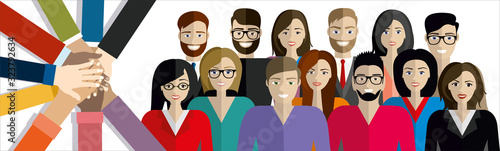 Group of businessman and businesswoman, people at work with teamwork banner. Business team and teamwork concept in flat design people characters.
