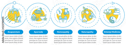 Traditional alternative medicine vector infographic template. Homeopathy presentation design elements. Data visualization with five steps. Process timeline chart. Workflow layout with linear icons