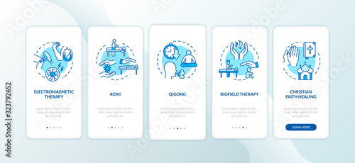 External energy medicine onboarding mobile app page screen with concepts. Alternative healing methods walkthrough five steps graphic instructions. UI vector template with RGB color illustrations
