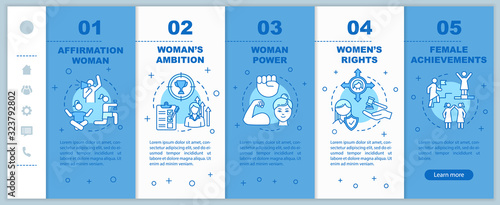 Women empowerment onboarding vector template. Girl career anf social life achievement. Female rights. Responsive mobile website with icons. Webpage walkthrough step screens. RGB color concept photo