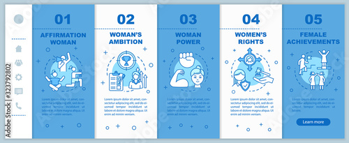 Women empowerment onboarding vector template. Girl career anf social life achievement. Female rights. Responsive mobile website with icons. Webpage walkthrough step screens. RGB color concept