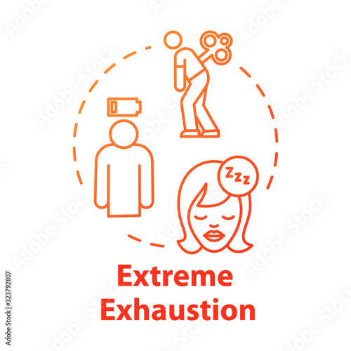 Extreme exhaustion concept icon. Sleep disorder. Overwork and burnout. Cold symptom. Chronic weakness. Fatigue idea thin line illustration. Vector isolated outline RGB color drawing