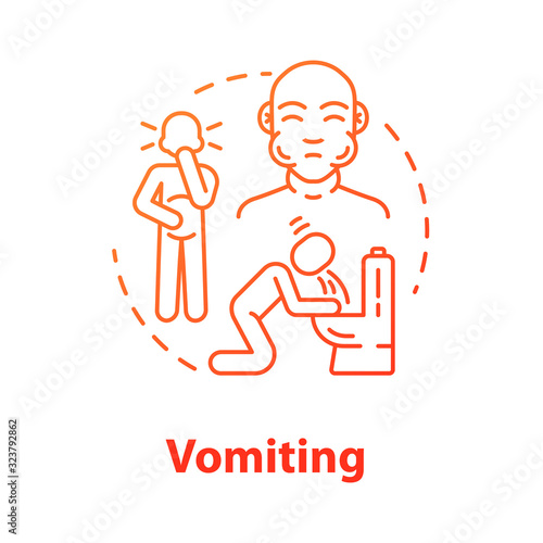 Vomiting concept icon. Pain in belly. Stomach poisoning. Puking from hangover. Gastritis and nausea. Flu symptom idea thin line illustration. Vector isolated outline RGB color drawing