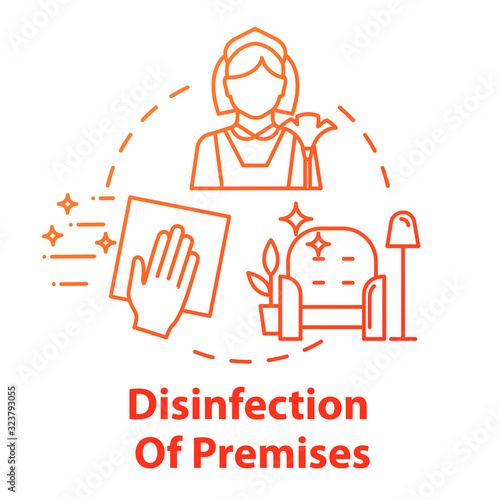 Disinfection of premises concept icon. Hand wiping spot. Sanitation at home. Cleaning service. Hand wiping furniture. Housework idea thin line illustration. Vector isolated outline RGB color drawing