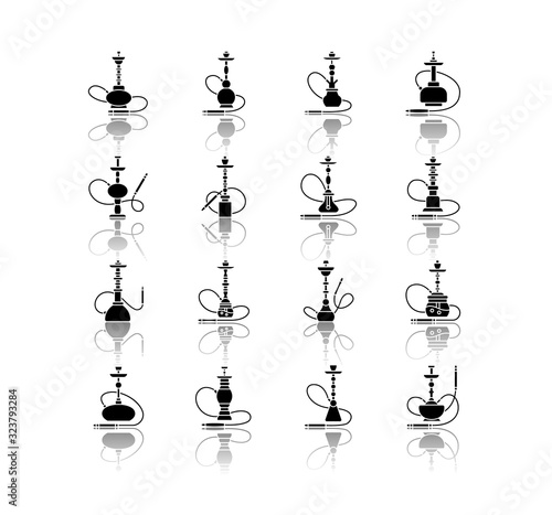 Hookah drop shadow black glyph icons set. Sheesha bar. Hooka accessories. Smoke area. Vapor, vaping. Tobacco option. Arabic lounge object. Isolated vector illustrations on white space