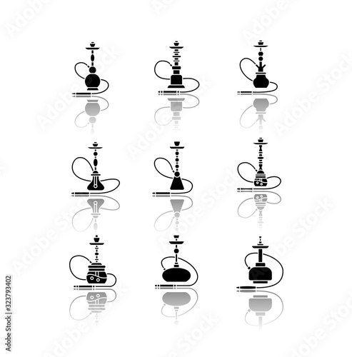 Hookah drop shadow black glyph icons set. Shisha with wire. Sheesha house. Nargile lounge. Odor from pipe. Scent of vaporizing. Smoking area. Isolated vector illustrations on white space
