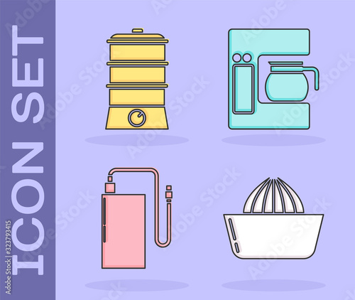 Set Citrus fruit juicer , Double boiler , Power bank with different charge cable and Coffee machine with glass pot icon. Vector