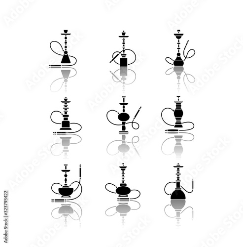 Hookah drop shadow black glyph icons set. Custom object. Sheesha house. Nargile lounge. Odor from pipe. Scent of vaporizing. Smoking area. Isolated vector illustrations on white space
