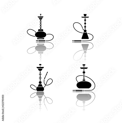 Hookah drop shadow black glyph icons set. Amusement with friends. Sheesha house. Nargile lounge. Odor from pipe. Scent of vaporizing. Smoking area. Isolated vector illustrations on white space