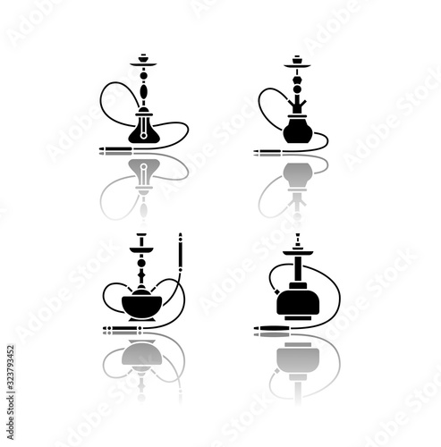 Hookah drop shadow black glyph icons set. Ceremony utensil. Sheesha house. Nargile lounge. Odor from pipe. Scent of vaporizing. Smoking area. Isolated vector illustrations on white space