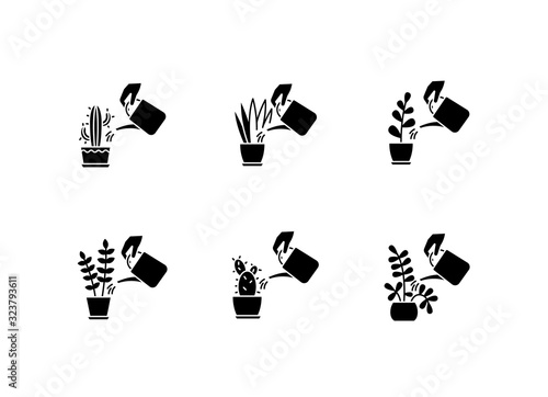 Houseplant care black glyph icons set on white space. Domestic plant cultivation. Watering plants. Moisturizing, rehydrating soil. Moistening ground. Silhouette symbols. Vector isolated illustration