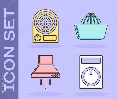 Set Remote control, Electric heater , Kitchen extractor fan and Citrus fruit juicer icon. Vector