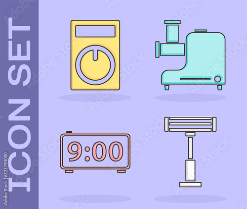 Set Electric heater , Remote control, Digital alarm clock and Kitchen meat grinder icon. Vector