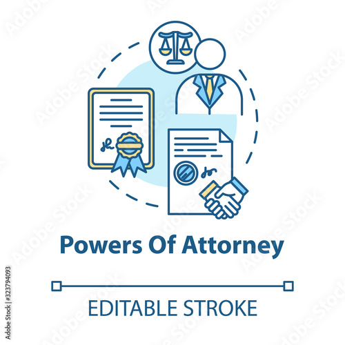 Powers of attorney concept icon. Legal representative. Seal business deal with third party. Notary service idea thin line illustration. Vector isolated outline RGB color drawing. Editable stroke