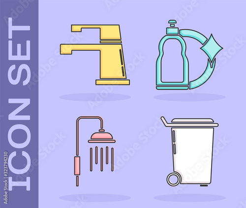 Set Trash can , Water tap , Shower head with water drops flowing and Plastic bottles for liquid dishwashing liquid icon. Vector