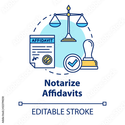 Notarize affidavits concept icon. Ownership claim. Jury verdict. Courthouse process. Notary service idea thin line illustration. Vector isolated outline RGB color drawing. Editable stroke