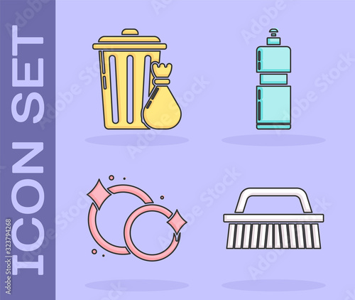 Set Brush for cleaning , Trash can and garbage bag , Washing dishes and Plastic bottles for liquid dishwashing liquid icon. Vector