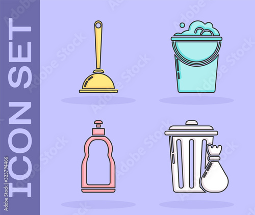 Set Trash can and garbage bag , Toilet plunger, Plastic bottles for liquid dishwashing liquid and Bucket with foam and bubbles icon. Vector