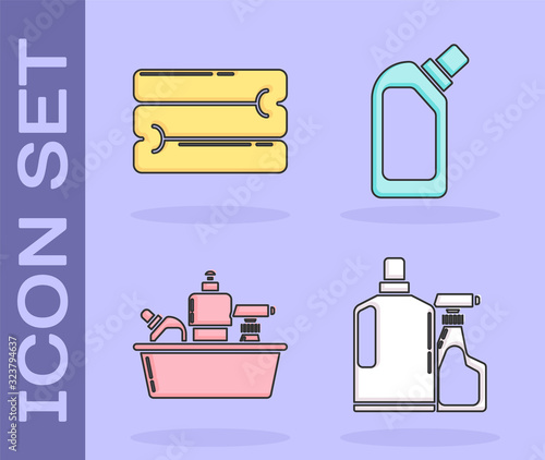 Set Towel stack , Plastic bottles for liquid dishwashing liquid icon. Vector
