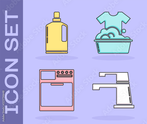Set Water tap , Plastic bottles for liquid dishwashing liquid, Washer and Plastic basin with soap suds icon. Vector