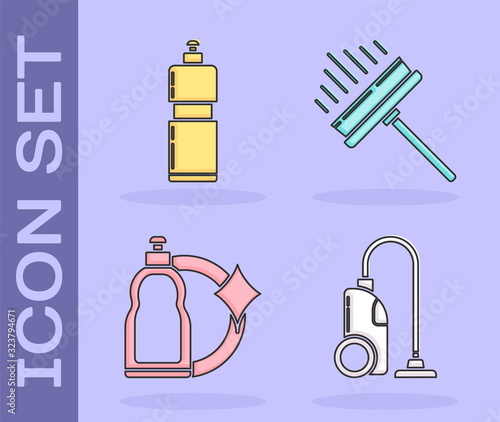 Set Vacuum cleaner , Plastic bottles for liquid dishwashing liquid, Plastic bottles for liquid dishwashing liquid and Squeegee, scraper, wiper icon. Vector