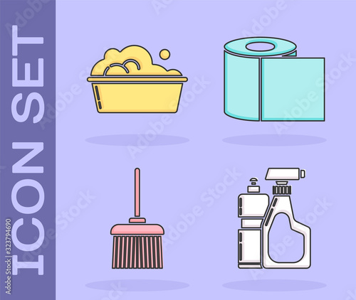 Set Plastic bottles for liquid dishwashing liquid, Plastic basin with soap suds , Handle broom and Toilet paper roll icon. Vector