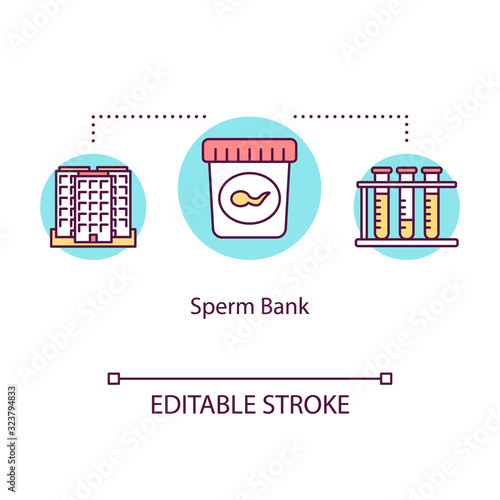 Sperm bank concept icon. Semen donation. Male cell in container. Hospital, clinic. Reproductive technology idea thin line illustration. Vector isolated outline RGB color drawing. Editable stroke