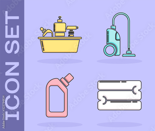 Set Towel stack , Plastic bottles for liquid dishwashing liquid, Plastic bottles for liquid dishwashing liquid and Vacuum cleaner icon. Vector