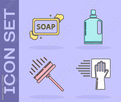 Set Cleaning service , Bar of soap with foam , Squeegee, scraper, wiper and Plastic bottles for liquid dishwashing liquid icon. Vector
