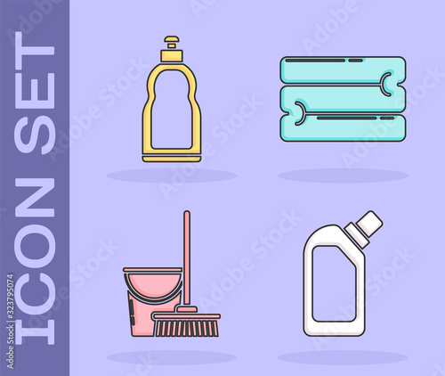 Set Plastic bottles for liquid dishwashing liquid, Plastic bottles for liquid dishwashing liquid, Mop and bucket and Towel stack icon. Vector