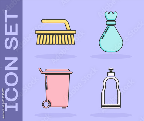 Set Plastic bottles for liquid dishwashing liquid, Brush for cleaning , Trash can and Garbage bag icon. Vector