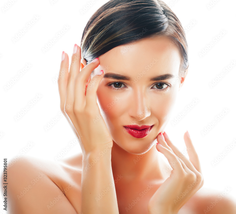young pretty brunette woman with natural makeup posing cheerful with hands isoletad on white background, spa people concept young pretty brunette woman with natural makeup posing cheerful with hands isoletad on white background, spa people concept