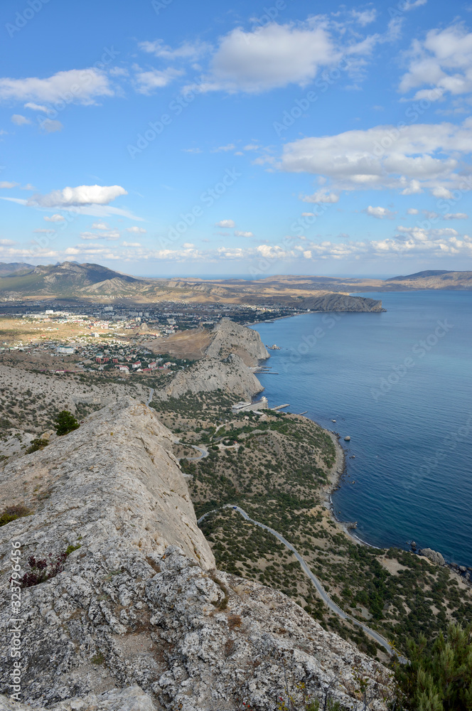 View towards Sudak from Sokol (Hawk) Mountain, Crimea, Russia.